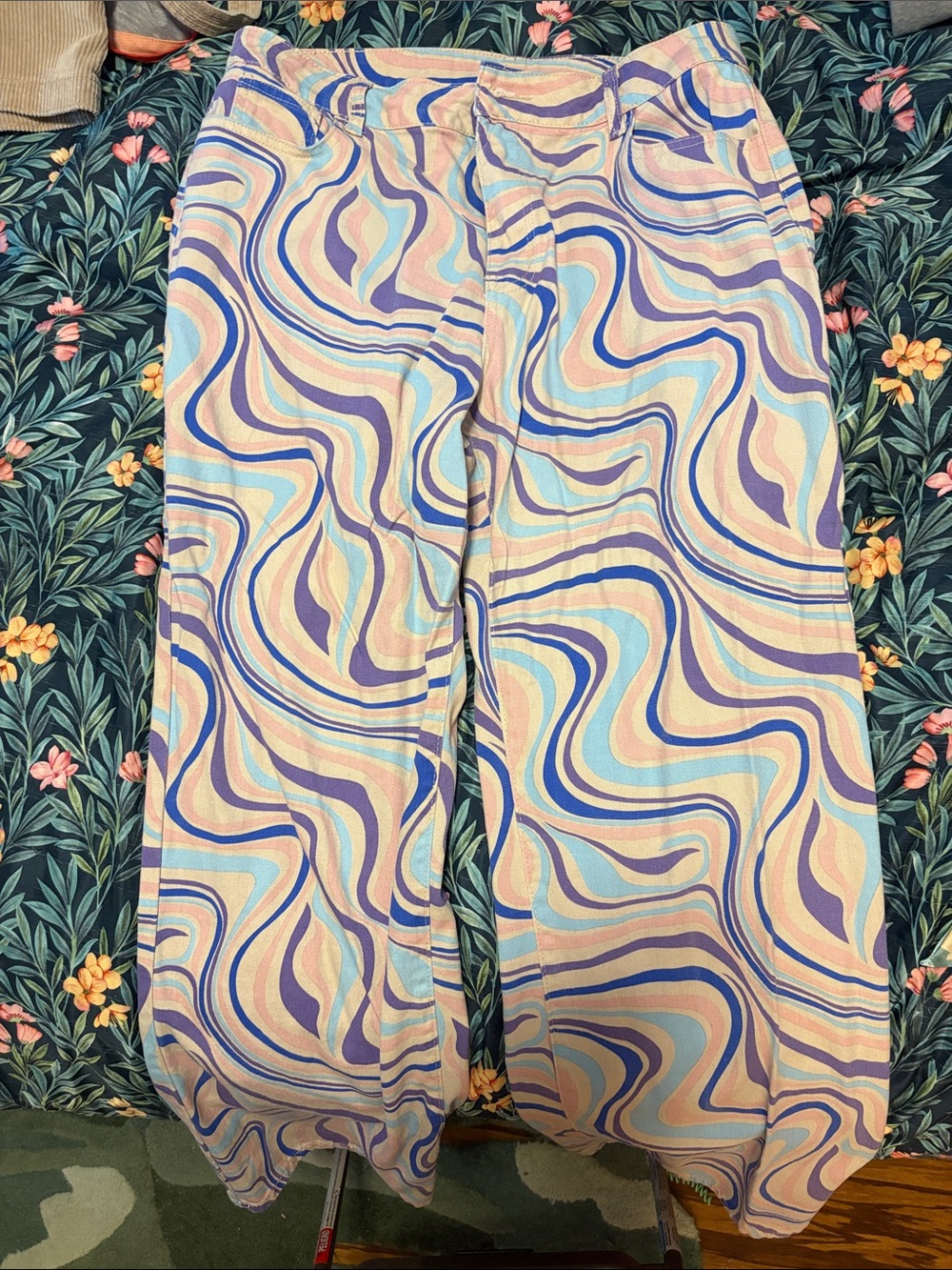 Abstract Swirl Print Women’s Pants in Pastel Blue & Purple